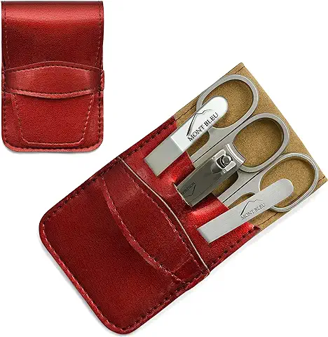 Juego de Manicura Mont Bleu de 5 Piezas con lima de Cristal, en Estuche Ecológico de Piel, apto para Veganos | Tijeras Italianas - Lima de Uñas Checa - Estuche Alemán  