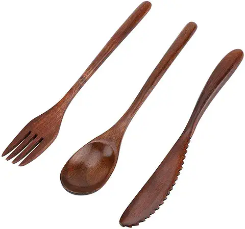 Juego de Vajilla de Bambú Estilo Japonés Cubiertos Reutilizables Vajilla de Viaje Cubiertos de Camping Cuchillo de Madera Natural Tenedor Cuchara (Sin Bolsa de Almacenamiento)  
