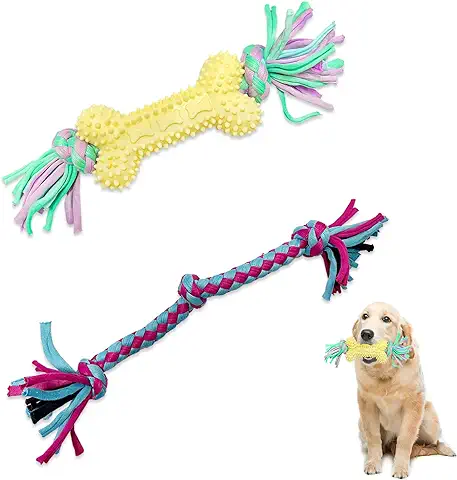 Juguete de Cuerda de tela para Perros de 2 Piezas, Cuerda Trenzada Rechinar los Dientes; Juguete Interactivo Masticar, Ecológico, Duradero, Lavable, Excelente Jugar, Limpiar los Dientes y más  
