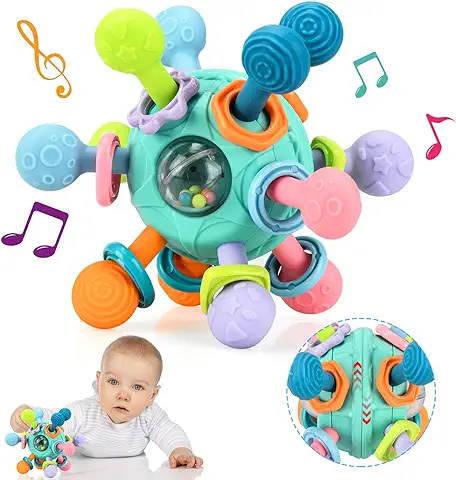 Juguete Mordedor Para Bebé, BIQIQI Pelotas Sonajero Sensoriales Mordedor Bebe, Anillo Dentición De Silicona Juguete Montessori, Juguetes Bebes Regalo Para Bebés 0-3 Meses  