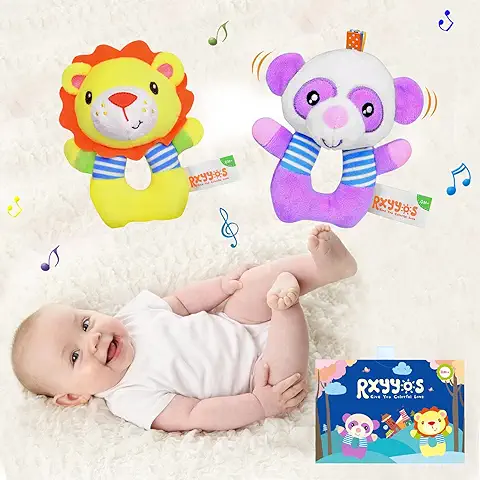 Juguete Sonajero Nuevo 2 Piezas Juguetes Sensoriales para Bebés Sonajero Juguete de Peluche Sensorial Nuevo para Bebés Animales Suaves Juguetes 0-12 Meses Bebés (León y Oso)  