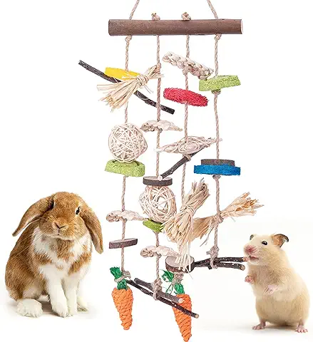 Juguetes de Conejo, Juguete para Masticar Conejito de Madera de Manzano Natural, Juguetes Colgantes de Jaula de Conejo con bola de Hierba,juguetes de Zanahoria para Conejo, Conejito, Chinchilla  