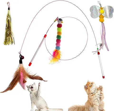 Juguetes para Gatos (6 ud)- 2 CAÑAS y 4 Juegos para Gatos con Plumas - Juegos Interactivos para Gatos Bebes y Adultos - Brinquedos para Gatos - Regalos para Gatos - Juguete Gato - Gatos Accesorios.  