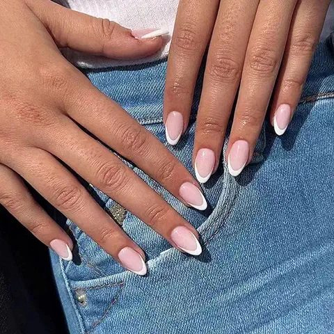 Juneyemo 24 Uñas Geométricas de Aguja a Presión, Uñas Postizas Ovaladas a Rayas, Uñas Postizas de Almendra, Uñas de Punta Francesa, Uñas Acrílicas Brillantes para Mujeres y Niñas (F)  