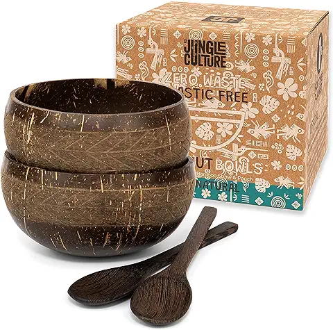 Jungle Culture® Set de 2 Boles de Coco con Cucharas y Pajita de Bambú & Bolsa • Tazones de Coco Natural • Cuenco Madera • Açai Bowl Ecológico y Sostenible • Coconut Bowls • Hecho a Mano en Vietnam  