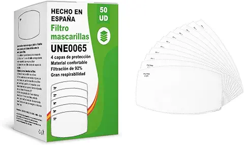 KALLPA® 50 Filtros para Mascarillas UNE0065 - REUTILIZABLES - Fabricados en ESPAÑA - Hidrófobo, Antiestático y Antibacteriano, muy Transpirable, (TNT) (tnt)  