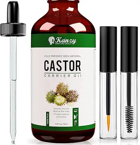 Kanzy Aceite de Ricino para Pestañas y Cejas 100ml Aceite Puro para Cabello, Barba, Uñas, Cuerpo y el Rostro Prensado en Frío, Ideal para Crecimiento Pelo con Cepillos  