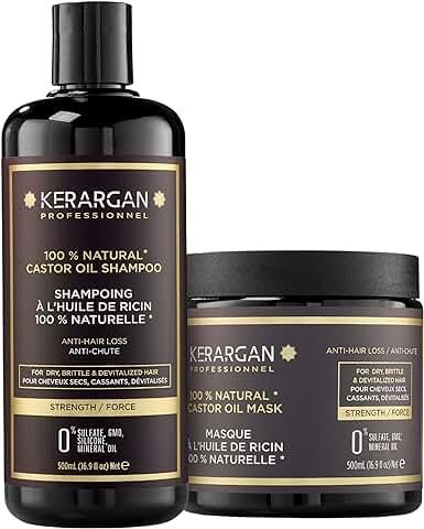 Kerargan - Dúo Anti-Caída Champú & Mascarilla con Aceite de Ricino para Cabello Seco, Debilitado, Desvitalizado - Impulsa el Crecimiento - Sin Sulfatos, Silicona, GMO - 2x500 ml  