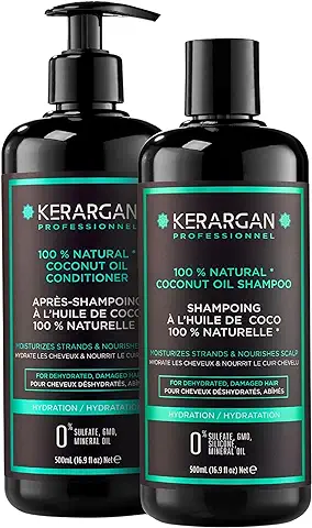 Kerargan - Duo Hidratante Champú y Acondicionador con Aceite de Coco para Cabello Deshidratado y Dañado - Nutre el Cuero Cabelludo - Sin Sulfatos, GMO, Siliconas, Aceite Mineral - 2x500 ml  