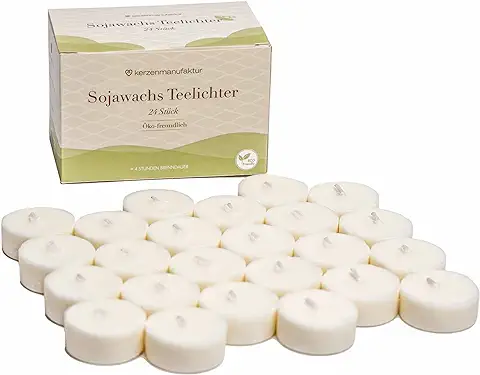 Kerzenmanufaktur Velas de té de cera de soja pura (24 Unidades) – Velas de té Sostenibles Blancas – Velas Ecológicas sin Funda  
