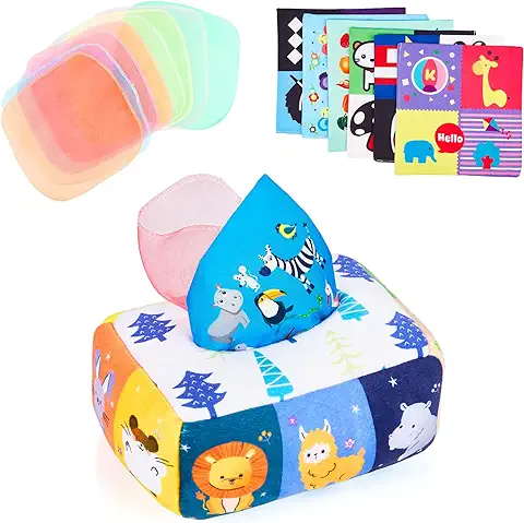 KidsPark Juguetes Caja de Pañuelos para Bebés, Juguetes Sensoriales Montessori de Peluche con Papel Arrugado y Bufandas, Caja Interactiva De Tejido De Tela Educativos de Aprendizaje, Animal  
