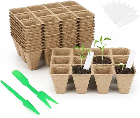 KINGLAKE 10 Bandejas para Plantar Semilleros Biodegradables, con 100 Etiquetas de Plástico para Plantas y Herramientas de Trasplante  