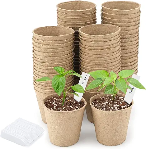 KINGLAKE Pequeñas Macetas de Semillas de Fibra Biodegradables para Plántulas 100 Piezas 8cm con 100 Etiquetas de 5X1CM  