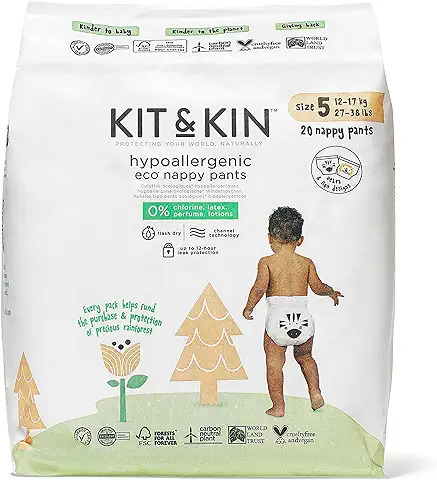 Kit & Kin Pantalones de Pañales de Bebé Ecológicos y Sostenibles, Talla 5, Hipoalergénicos, con capa de alto Rendimiento de Secado Rápido, Veganos y sin Cloro, Protección Superior Contra Fugas, 120  