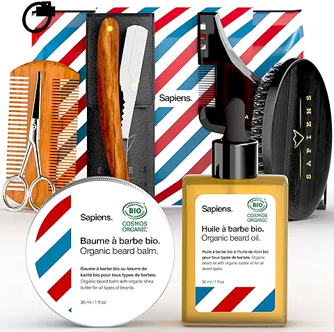 Kit Barba Hombre Sapiens Barbershop - Kit de Cuidado Barba y Afeitado con Navaja de Afeitar Barbero, Aceite Barba y Balsamo Barba BIO, Cepillo Barba, Peine Barba, Plantilla, Tijeras, Bolsa  