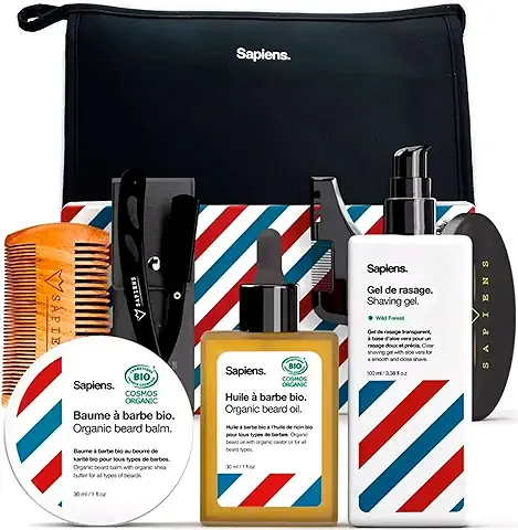 Kit Cuidado Barba Ecológico y Afeitado Sapiens - Set de Regalo Hombre - Gel de Afeitar Natural, Aceite Barba Ecológico, Bálsamo Barba Ecológico, Navaja de Afeitar Barbero, Accesorios, Bolsa de aseo  