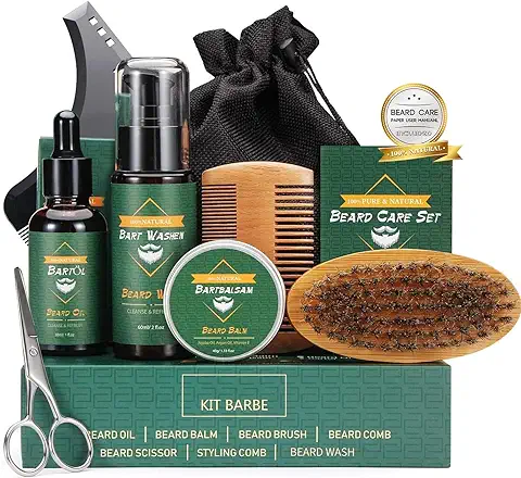 Kit Cuidado Completo para Barba de Hombres, con Champú, Aceite, Bálsamo, Cepillo, Peine, Tijeras, Bolsa de Viaje, Regalos para Papá, Novio, Caballero  