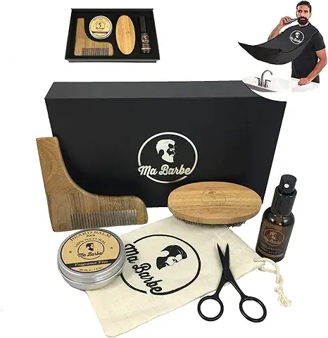 Kit Cuidado de Barba con Aceite y Bálsamo ORGÁNICO (sin Fragancia), Cepillo, Peine, Tijeras y una Bolsa de Transporte. Un Delantal de Barba GRATIS. Todo en una Elegante caja de Regalo  