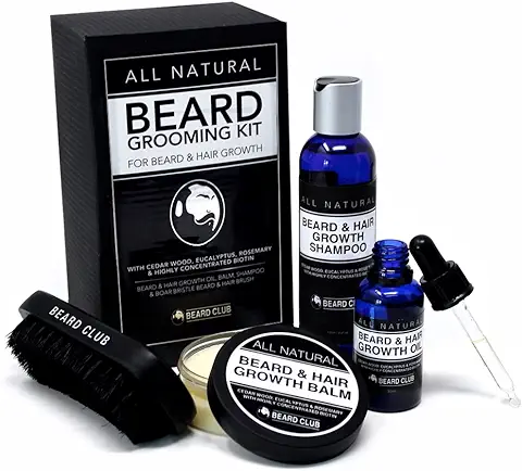 Kit de Aseo Para Barba Completamente Natural - Crecimiento de la Barba y del Vello - Aceite, Bálsamo, Champú y Cepillo Para Barba - El Mejor Kit de Regalo Para el Cuidado de la Barba  