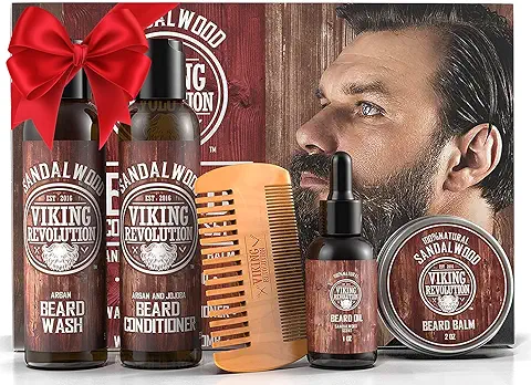 Kit de Barba Para Hombre - Champú Barba que Suaviza, Alisa y Calma el Picor de la Barba - Contiene Jabón y Acondicionador Barba, Aceite Barba, Balsamo Barba y Peine Barba - Aroma de Sándalo  