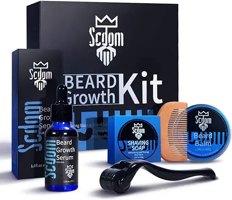 Kit de Crecimiento de la Barba, Kit de Cultivo de Barba para Hombres con Rodillo Derma de Titanio+Aceite Suero para el Crecimiento de la Barba+Bálsamo para la Barba+Jabón Limpiador para la Barba+Peine  