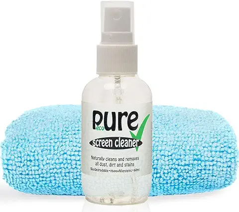 KIT DE LIMPIEZA PARA PANTALLAS PURE (60ml) de Pure Organics. Contiene únicamente ingredientes ecológicos, biodegradables e hipoalergénicos. NO contiene alcohol isopropílico o productos químicos fuertes.