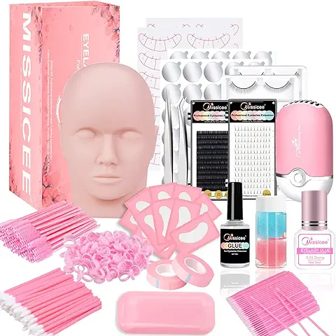 Kit de Pestañas Pelo, Missicee Extensiones New Upgrade 328 Piece con Cabeza de Maniquí 0.3s Pegamento de Secado Rápido USB Ventilador Secador de Pestañas para Principiantes  