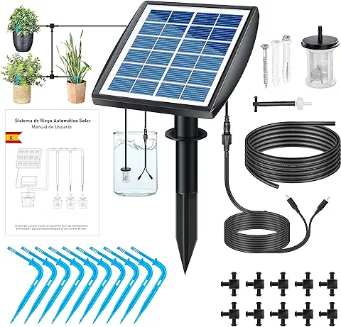 Kit de Riego por Goteo Automático Solar para Plantas y Macetas, Sistema Programador con Bomba de Agua y Manguera de 10M, Adecuado para Regar Plantas y el Huerto en Vacaciones, Accesorios Incluidos  