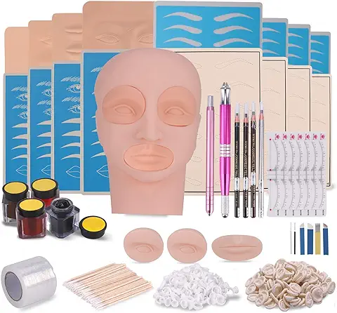 Kit de Tatuaje Microblading con piel de Práctica, set Completo de Tatuaje de Cejas Semipermanente, Tatuaje de Labios de Cejas Cabeza Plana, kit de Herramientas de Práctica de Entrenamiento de Cejas  
