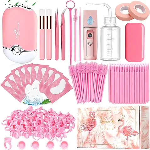 Kit Extensión Pestañas Accesorios Lash Postiza Secador de Pestañas USB Nano Pulverizador Pinza Rímel Cepillo Parche Ojos Cinta Espejo Eyelash Cepillo de Champú Pegamento Anillo Botella de Lavado