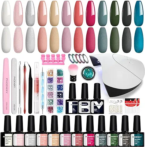 Kit Uñas Semipermanente en Gel Phoenixy con 36W U V LED Lámpara 12 Colores Kit Uñas de Gel Completo Mate y Base Top Coat Set Manicura Semipermanente  