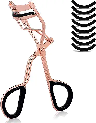 KLIHN – Rizador de Pestañas Color oro rosa con 8 Recambios de Goma, Moldeador para Rizar con unas Pestañas Perfectas, Eyelash Curler  