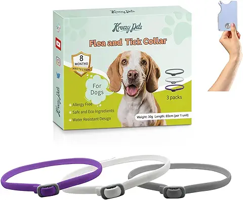 KreezyPets Collar Antipulgas para Perros, Collar Antiparasitario Perros, 65cm de Largo, Ingredientes Naturales, Diseño Resistente al Agua, 3 Packs con Herramienta de Eliminación de Garrapatas Gratis  