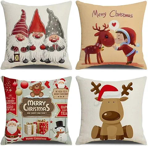 KSSKEN Navidad Fundas Cojines 45x45, Juego de 4 Navidad Fundas de Cojín Decoración Algodón Lino para Hogar Sala Sofá Cama Navidad Decoración 2023  