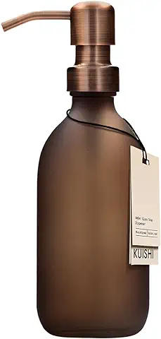 Kuishi Brown Matte Amber Dispensador de Jabón de Vidrio de 300 ml con Bomba de Bronce de Acero Inoxidable, Dispensador de Vidrio Reciclado Ecológico, Elegante Herramienta de Decoración de Mostrador  