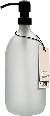 Kuishi Dispensador de Jabón de Vidrio de ámbar Blanco mate de 1000 ml con Bomba Negra, Dispensador de Vidrio Reciclado Ecológico, Elegante Herramienta de Decoración de Baño y Encimera de Cocina  