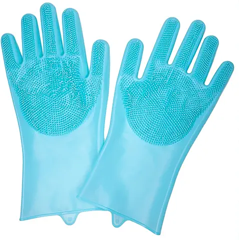 KUKITTA Guantes de Limpieza con Cepillo de Silicona, Cerdas de Silicona, Reutilizables, Guantes para Lavar los Platos, Baños, Mascotas o Coches, Guantes de Silicona Cómodos, Talla Única, Color Azul.  