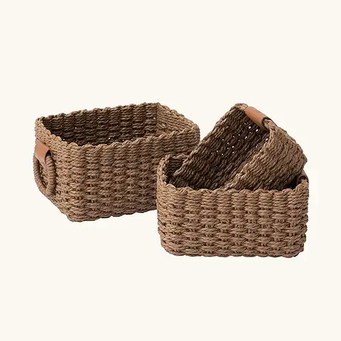 La Jolíe Muse Cestas Almacenaje Juego de 3 Cesta Mimbre Baño Cocina Cestas Organizadoras para Toallas y Juguetes Cajas Decorativas de Cuerda de Papeles Reciclable para Bodas Mesas Cocinas Marrón  