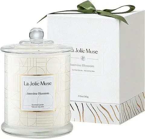 LA JOLIE MUSE Vela Perfumada de Jazmín, Vela de Regalo para el Día de la Madre, Cera de Soja Natural, Fragancia Casera Fina de 65 Horas de Duración, Frasco de Cristal para Velas  