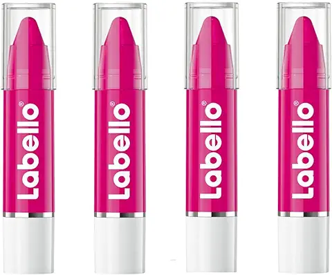 Labello Crayon Lipstick Hot Pink Lápiz Labios en Paquete de 4 x 3 g, Acondicionador Labios con Fórmula Enriquecida con Aceites Naturales, Hidratante Labios Nutritiva Fucsia Brillante  