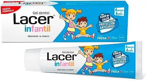 LACER JUNIOR - Gel Dental Infantil 75 ml, para Niños a Partir de 6 Meses a 6 Años, Previene la Caries, Fórmula de Flúor Más Calcio, Cuida los Dientes de Leche  