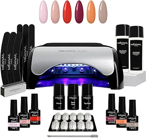 Lampara LED 48W - Set Completo Secador de Uñas Gel Manicura y Pedicura - Kit Edition Ruby con 6 Esmaltes Semipermanentes para Uñas - Cruelty Free, Meanail Paris  