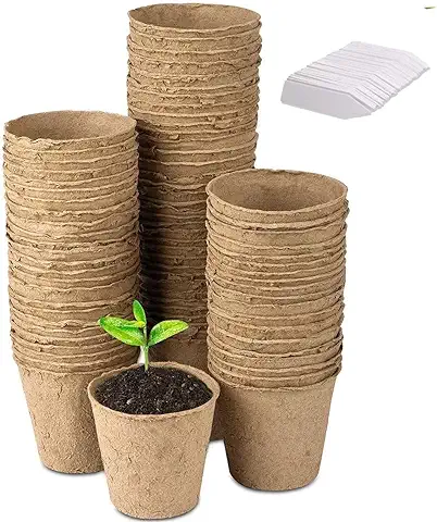 LATERN 100Pcs 8cm Macetas de Semillas de Fibra Biodegradable para Plántulas y Trasplantes con 100pcs Etiquetas de Plantas de Plástico (Blanco 5x1cm)  