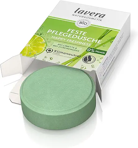 Lavera Gel de Ducha Firme Happy Freshness – con lima Orgánica y Hierba de Limón Orgánica – Limpia la piel Suavemente sin Secarla – 3 Veces más Duradero que el gel de Ducha Líquido – Cosmética Natural  