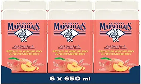 Le Petit Marseillais Gel de Ducha y Baño Extra Suave, Melocotón Blanco Orgánico y Cuello Orgánico, 6 x 250 ml  