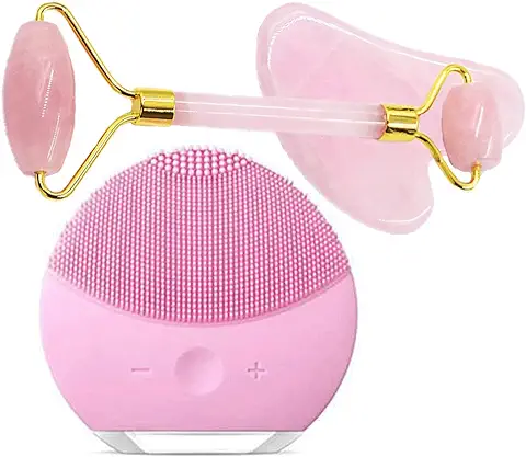 LekTOP Cepillo de Limpieza Facial, Masajeador Facial Rodillo de Jade,Dispositivo de Cuidado de la Piel, Set de Masaje,Herramientas de Belleza para Antienvejecimiento  