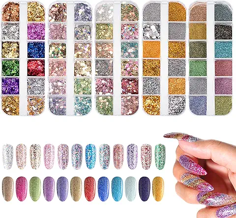 Lentejuelas de Uñas Holográficas Brillo del Clavo Brillantes Lentejuelas de Nail Art para Uñas Ojos Brillos Corporales Decoración de Cara Maquillaje Pelo 60 Colores  
