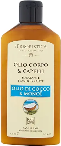 L’ERBORISTICA DI ATHENA’S DAL 1969 Aceite de coco y Monoi para el Cuerpo y el Cabello, Hidratante para la piel y la cara a base de Productos Naturales con olor a Coco, Aceite Dermatológico, 200 ml  