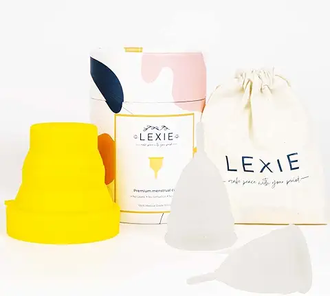 LEXIE - Copa Menstrual, Esterilizador Plegable y Bolsa de Transporte - Reutilizable Hasta 10 Años, Confiable y 100% Seguro - Silicona de Grado Médico Certificado (L - PACK 2)  