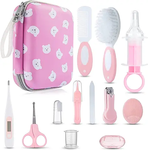 Lictin Set para Cuidado del Bebé - 13 Piezas Kit de Aseo para Bebés con Cuchara de Oreja con LED Cepillo de Pelo y Peine,Cortador de Uñas Cepillo de Dientes de Dedo para Viaje y el Uso Diario (Rosa)  